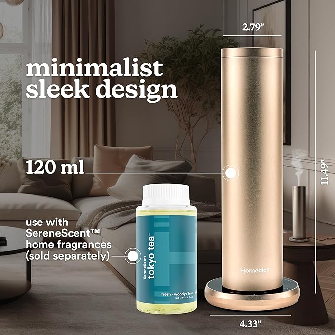 Homedics SereneScent Waterless Home Fragrance Diffuser, Use with Homedics SereneScent Oil (Sold Separately), Patented Air Diffusion Technology, Clean & Natural Fragrance, Enhances Mood, Champagne