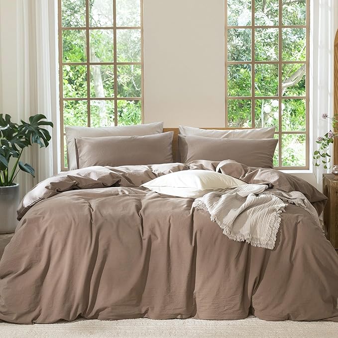 MooMee Bedding Duvet Cover Set 100% Washed Cotton Linen Like Textured Breathable Durable Soft Comfy (Solid Brown, Twin 68"x90")