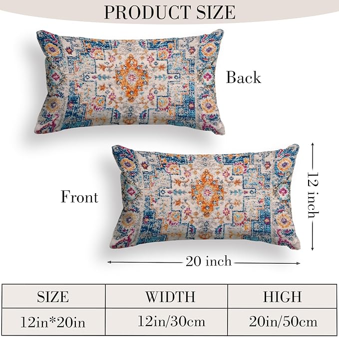 Boho Throw Pillow Covers 12x20 inch Set of 2,Boho Vintage Carpet Pattern Antique Ethnic Decor Double Sided Pattern Cushion Cover Soft Pillow Case Living Sofa Room Bed Square Pillow Cover