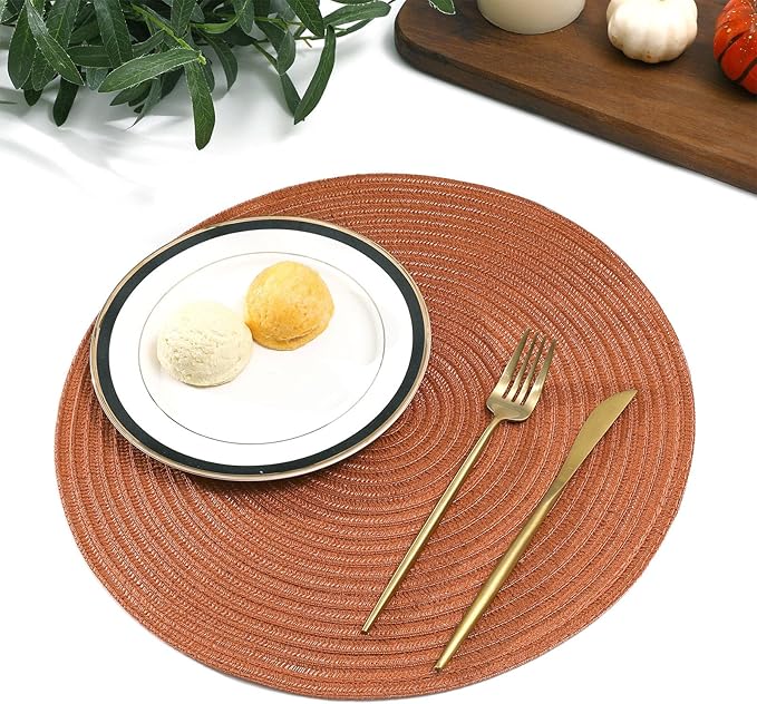SHACOS Round Placemats Set of 6 Washable 15 inch Round Fall Placemats Cotton Polyester Woven Braided Table Place Mats for Dining Table Decor, Dark Orange