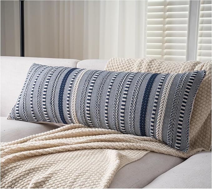 Boho Lumbar Pillow Covers 14x36 Long, Farmhouse Decorative Couch Pillow Cases, Navy Blue Accent Pillows of Bed, Sofa Bedroom Living Room Home Decor Cushion Cover, Pack of 1