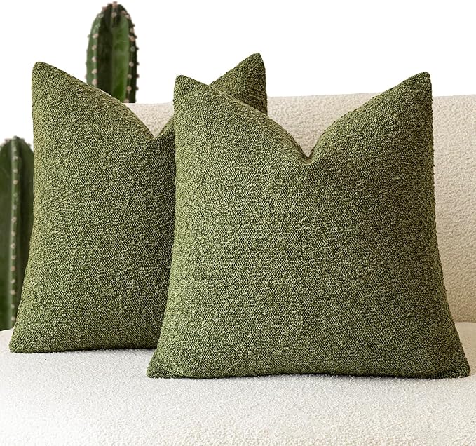 Foindtower Set of 2, Decorative Textured Boucle Throw Pillow Covers Accent Solid Pillow Cases Neutral Soft Cozy Couch Cushion Case for Chair Sofa Bedroom Living Room Home Decor 16 x 16 Inch Green