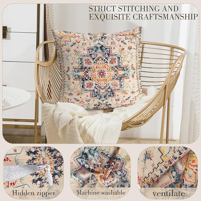 Boho Throw Pillow Covers 24x24 inch Set of 2,Boho Vintage Carpet Pattern Antique Ethnic Decor Double Sided Pattern Cushion Cover Soft Pillow Case Living Sofa Room Bed Square Pillow Cover