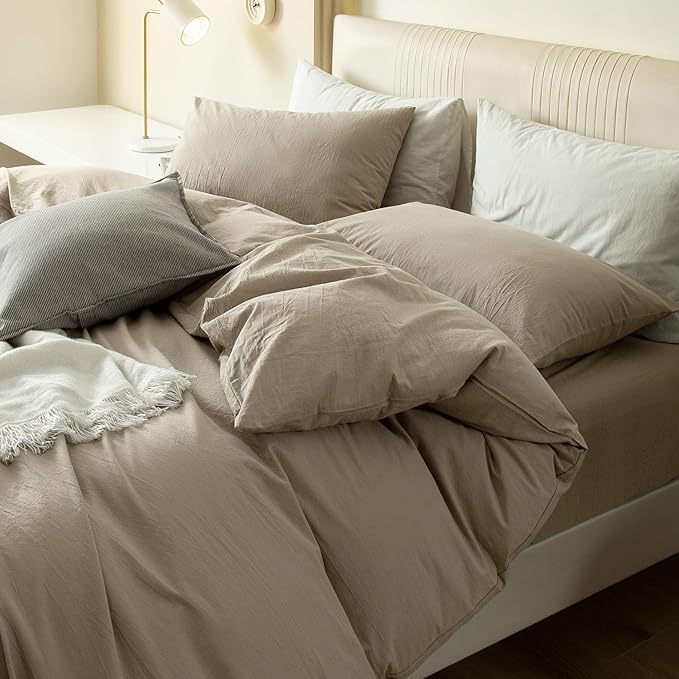 JIYUAN 100% Washed Cotton Duvet Cover Set 3 Pieces Queen, 1 Duvet Cover 90x90 Inches(Comforter Not Included) and 2 Pillowcases,Linen Feel Bedding Set Comfy and Breathable,Khaki