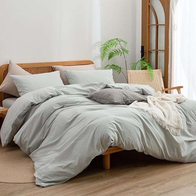 BESTOUCH Duvet Cover Set 100% Washed Cotton Linen Feel Super Soft Comfortable Chic Lightweight 3 PCs Home Bedding Set Solid Northern Droplet Grey Super King