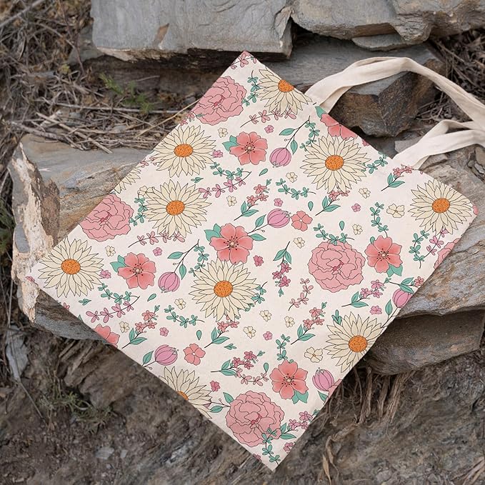 Floral Tote Bag Aesthetic Small Flower Canvas Bag For Women Gift Cotton Canvas Tote Handbag Reusable Grocery Bag Shopping Beach Bag Travel Shoulder Bag