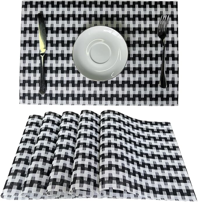 Placemat,Blending Color Durable Woven Vinyl Placemat Washable Heat-Resistant Anti-Skid Kitchen Dining Table Mats Set of 6, Black White