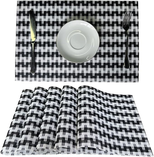 Placemat,Blending Color Durable Woven Vinyl Placemat Washable Heat-Resistant Anti-Skid Kitchen Dining Table Mats Set of 6, Black White