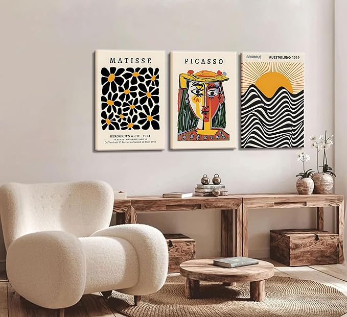 3 Pack Framed Gallery Wall Art Picasso Matisse Bauhaus Set Canvas Prints Abstract Paintings Posters Orange Black Modern Minimalist Wall Decor Pictures Suitable for Bedroom Living Room Decor (Framed,