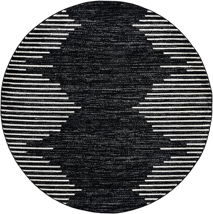 Rugshop Bohemian Stripe Stain Resistant High Traffic Living Room Kitchen Bedroom Dining Home Office Round Area Rug 6' Round Black