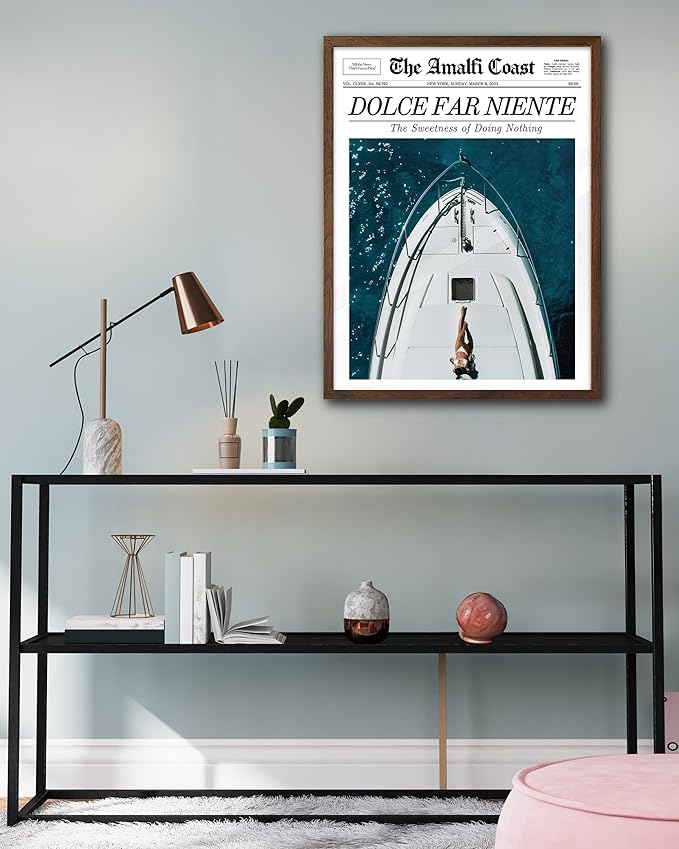 EcoHest Trendy Newspaper Dolce Far Niente Framed Wall Art, 12x16 in Walnut Color OAK Wood La Dolce Vita Canvas Art, Magazine Italian Summer Headline Print Decor, Set of 1 for Bedroom Living Room