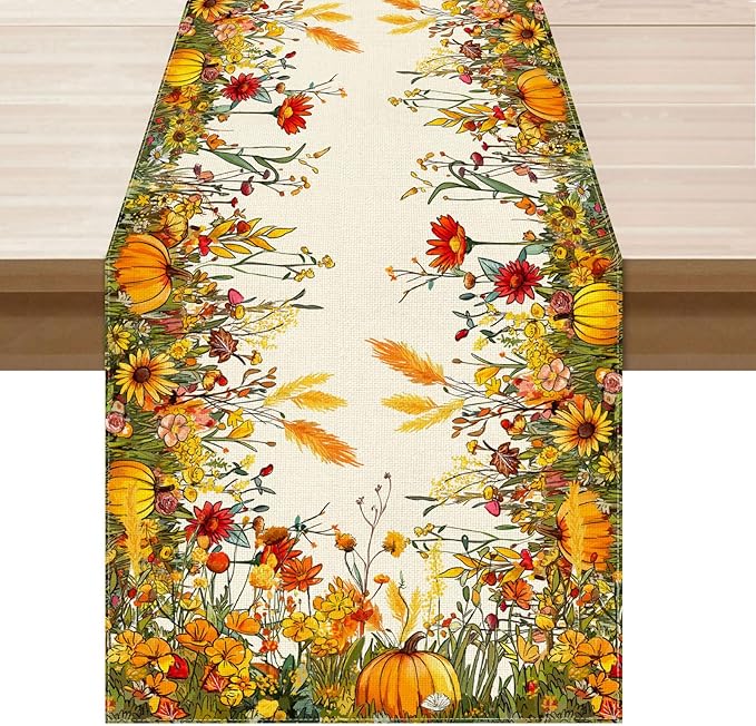 XCHI Fall Color Wild Flowers Pumpkin Table Runner Table Decoration for Kitchen Dining Dinner Autumn Home Decor 13x120 Inch