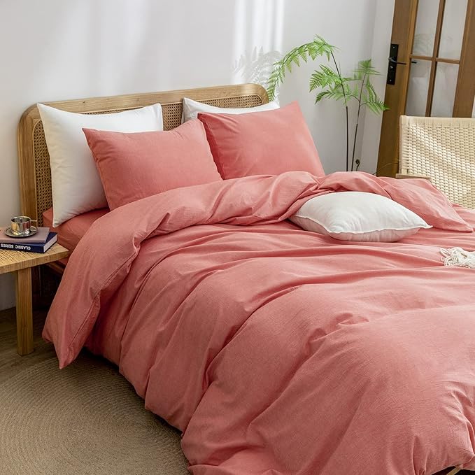 BESTOUCH Duvet Cover Set 100% Washed Cotton Linen Feel Super Soft Comfortable Chic Lightweight 2 PCs Home Bedding Set Solid Orange Twin/Twin XL