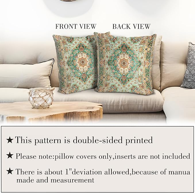 Boho Floral Throw Pillow Covers 20x20 inch Set of 2,Boho Rug Geometric Floral Pattern Decor Double Sided Pattern Cushion Cover Soft Pillow Case Living Sofa Room Bed Square Pillow Cover