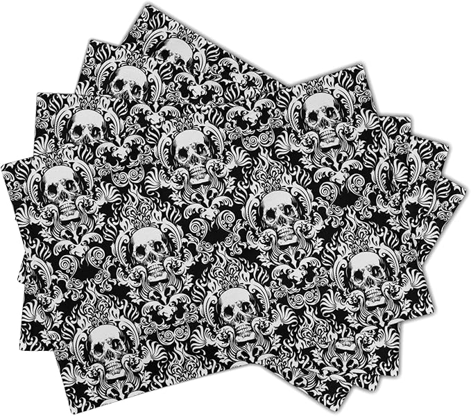 Giwawa Gothic Skull Placemats, Halloween Skeleton Decorative Linen Place Mat, Spooky Day of The Dead Table Mats for Kitchen Dining, Heat Resistant Non Slip, Set of 4, 12"x18"