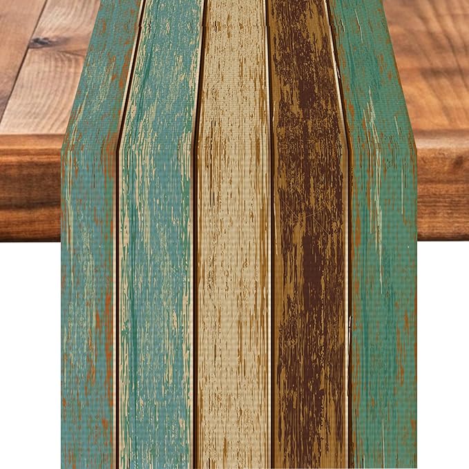 Wood Print Table Runner Seasonal Kitchen Dining Linen Table Decoration for Indoor Outdoor Home Party Dinner 13x72 Inch