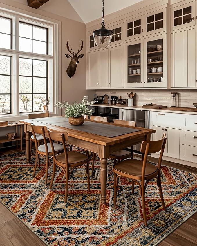 Area Rug 6x9 Rug Machine Washable Non-Slip Low Pile Print Pattern Western Rug for Living Room Bedroom Entryway Tribal Series -Orange/Brown