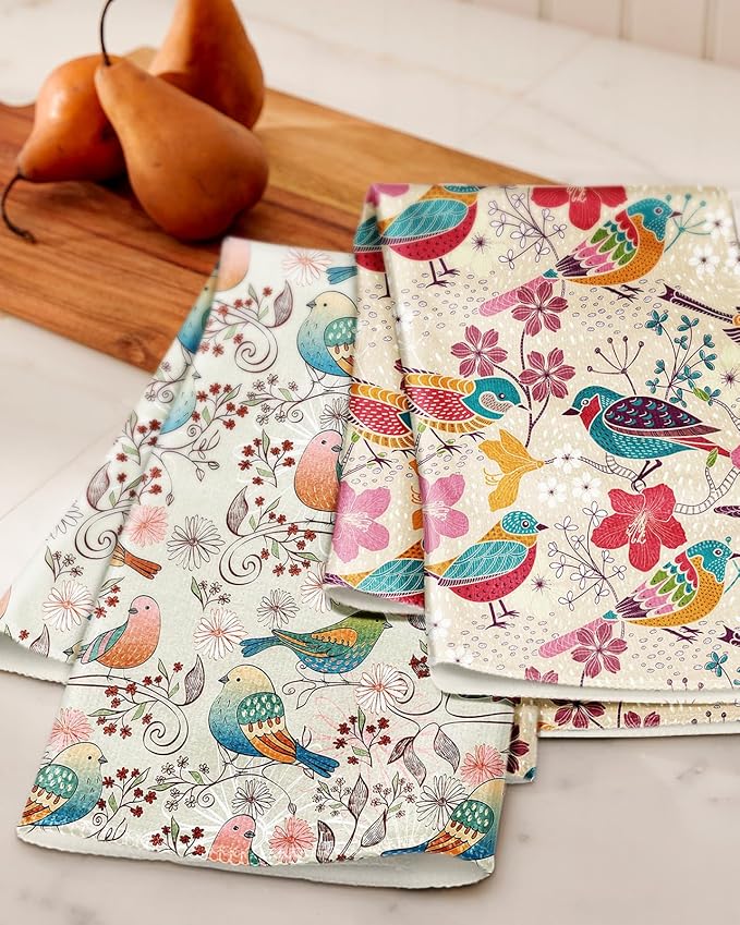 Microfiber Kitchen Towels - Set of 2 Dish Towels for Kitchen 18 x 26 Inch Home Decoration Floral Bird Cute Spring Hand Towels Soft & Absorbent Aesthetic Design