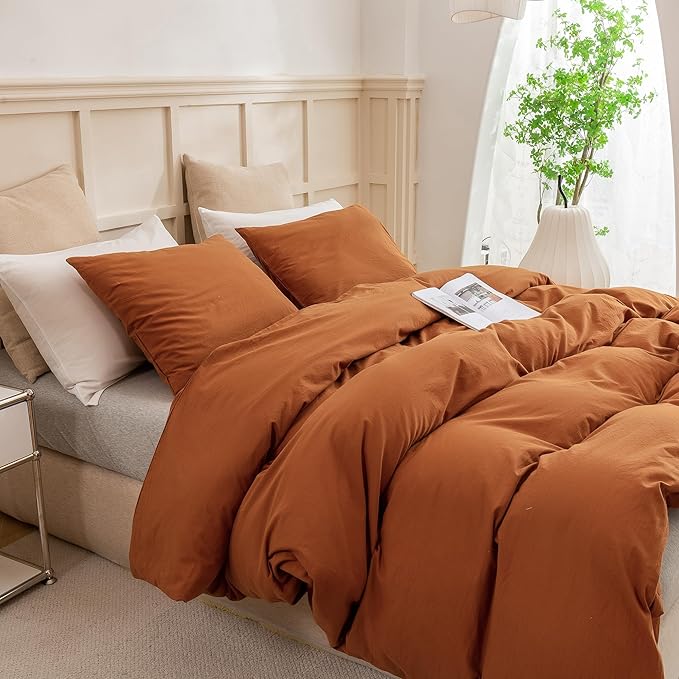 ECOCOTT Brown Duvet Cover King Size, 3 Piece 100% Washed Cotton 1 Duvet Cover with Zipper and 2 Pillowcases, Ultra Soft and Easy Care Breathable Cozy Bedding Set (Brown,King)