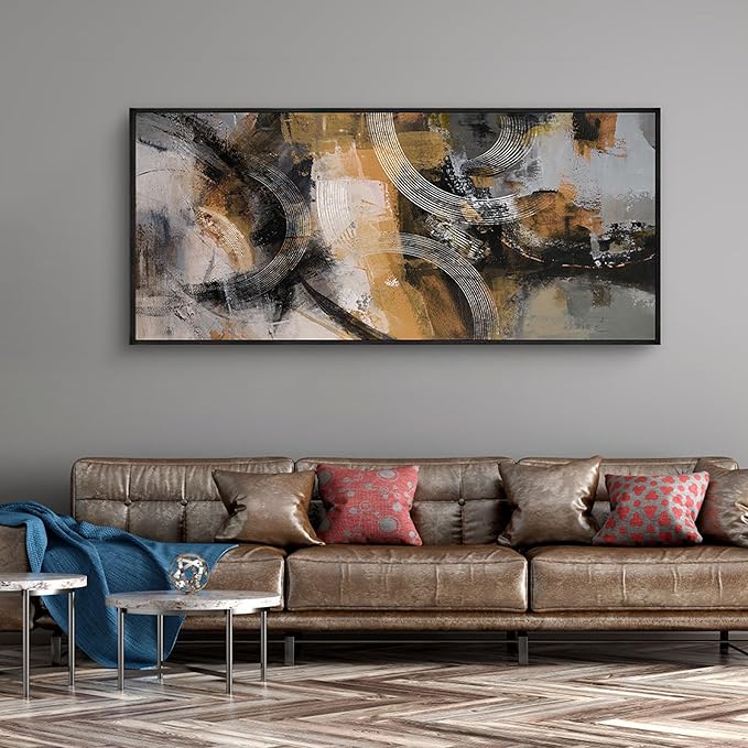 KLAKLA Large Canvas Abstract Wall Art for Living Room Pictures for Living Room Modern Art Wall Decor Office Wall Art Orange Gray Yellow Artwork Bedroom Decor 70x31 Inches