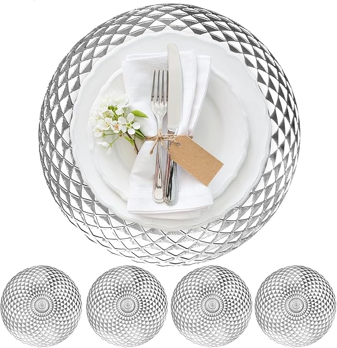 Vinyl Round Placemats Set of 4 - Non Slip Place Mats Ideal for Indoor and Outdoor Dining Table - Washable and Heat Resistant Table Mat for Kitchen Tables (Hunter Silver)
