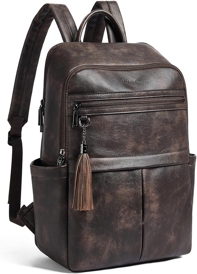 Leather Laptop Backpack for Women, 15.6" Causal Daypack Backpacks Purse Computer Backpack with Laptop Compartment for Travel Work College Business, Coffee