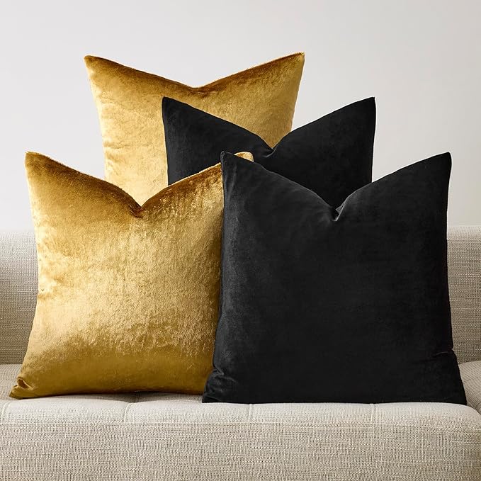 GIGIZAZA Decorative Throw Pillow Covers 18 x 18,Gold Black Soft, Set of 4 Square Velvet Cushion Covers