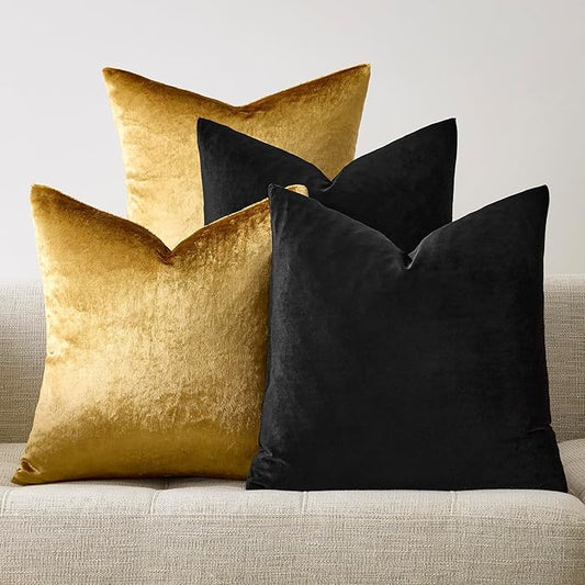 GIGIZAZA Decorative Throw Pillow Covers 18 x 18,Gold Black Soft, Set of 4 Square Velvet Cushion Covers