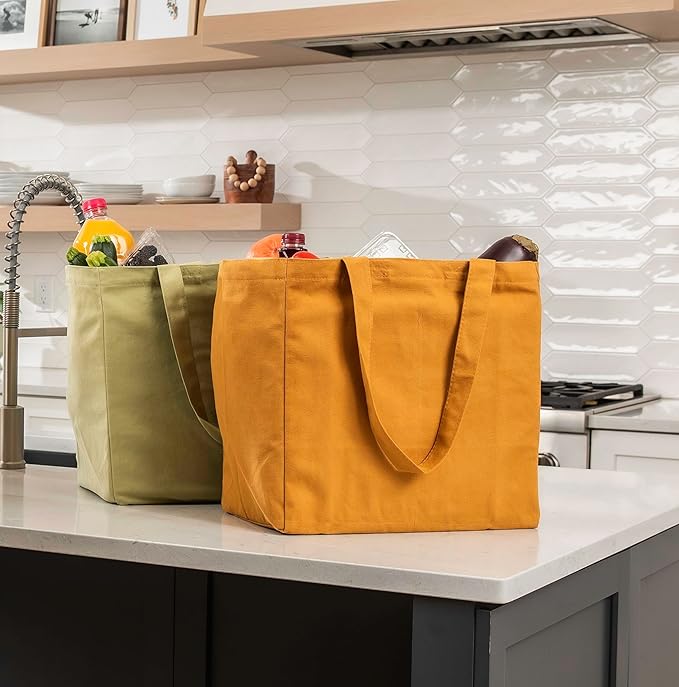 VeraMia Canvas Grocery Bag 3pc XL Set with Real Pockets, Long Shoulder Strap and Short Handle. Heavy Duty, Foldable, Washable