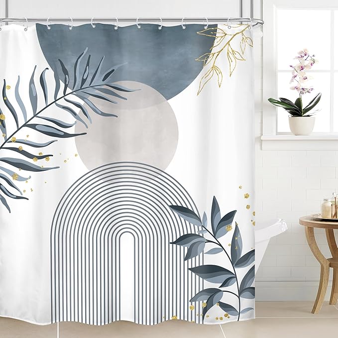 Blue Gray Boho Shower Curtain 60Wx72H Abstract Grey Bohemian Modern Leaves Mid Century Minimalist Plant Bathroom Decor Contemporary Simple Neutral Bath Curtain Fabric Polyester 12 Pack Hooks
