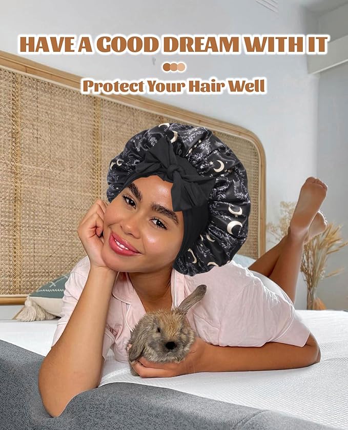 Satin Bonnet Silk Bonnet for Sleeping Silk Sleep Cap Double Layer Hair Bonnet with Elastic Tie Band for Curly Hair Night Cap (Black stars and moon+Black)