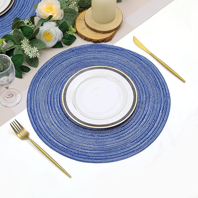 SHACOS Round Braided Placemats 15 inch Set of 6 Washable Kitchen Table Placemats for Home Wedding Party (Blue White, 6)