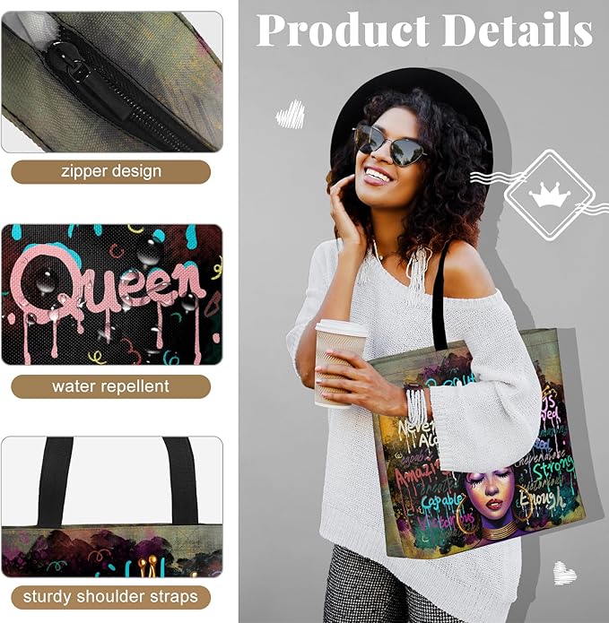 African American Women Tote Bag Black Shoulder Handbag For Women Fit Work Beach Labtops With Zip