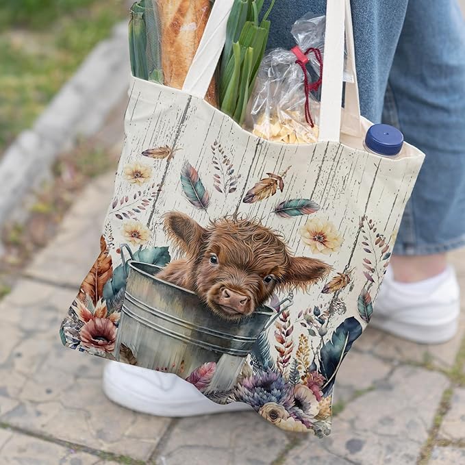 Western Highland Cow Canvas Tote Bag - Highland Cow Lover Gifts,Canvas Shoulder Bag for Women for Girls