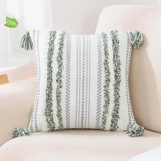 decorUhome Decorative Boho Throw Pillow Cover 18x18, Accent Neutral Textured Tufted Pillow Cover Striped for Couch Bed Sofa, Green and Cream White, Pack of 1