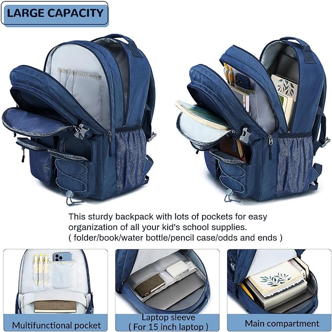 Lohol Water Resistant Daypack with Mulitiple Pockets for School Travel Outdoor College, 15.6 inch Laptop Backpack for Men and Women (Navy Blue)