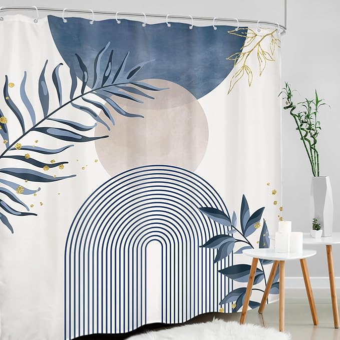 Navy Blue Boho Shower Curtain 72Wx78H Grey Modern Bohemian Abstract Leaves Plant Botanical Mid Century Minimalist Bathroom Decor Geometric Neutral Bath Curtain Fabric Polyester 12 Pack Hooks