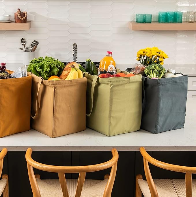 VeraMia Canvas Grocery Bag 3pc XL Set with Real Pockets, Long Shoulder Strap and Short Handle. Heavy Duty, Foldable, Washable