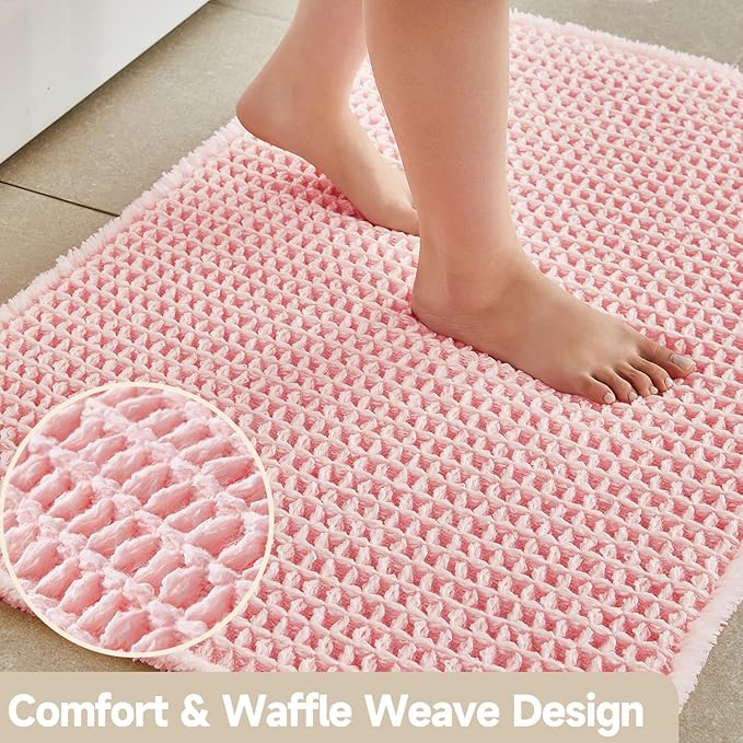 Light Peachy Pink Bathroom Rugs, Waffle Bath Mat Non Slip Washable Quick Dry Cute Bath Mat Boho Farmhouse Bathroom Decor, 48"x24" Light Peachy Pink