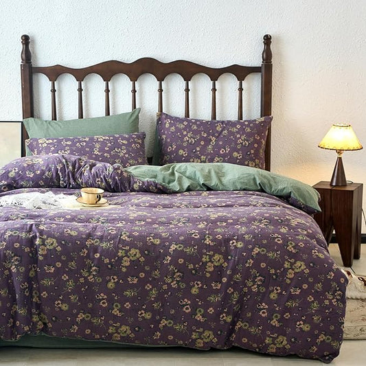 mixinni Vintage Floral Duvet Cover King Set - Purple & Green Reversible Jacquard, 100% Yarn-Dyed Double-Layer Cotton, Breathable Luxury Bedding (3-Piece, Includes 2 Pillowcases) Farmhouse & Bohemian