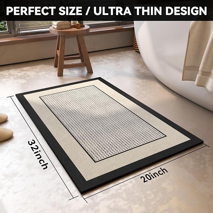 Non Slip Thin Bath Mat Bathroom Rugs, Rubber Backing Ultra Thin Bathroom Rug Fit Under Door, Quick Dry Super Absorbent Washable Shower Bath Mats, Beige 20x32