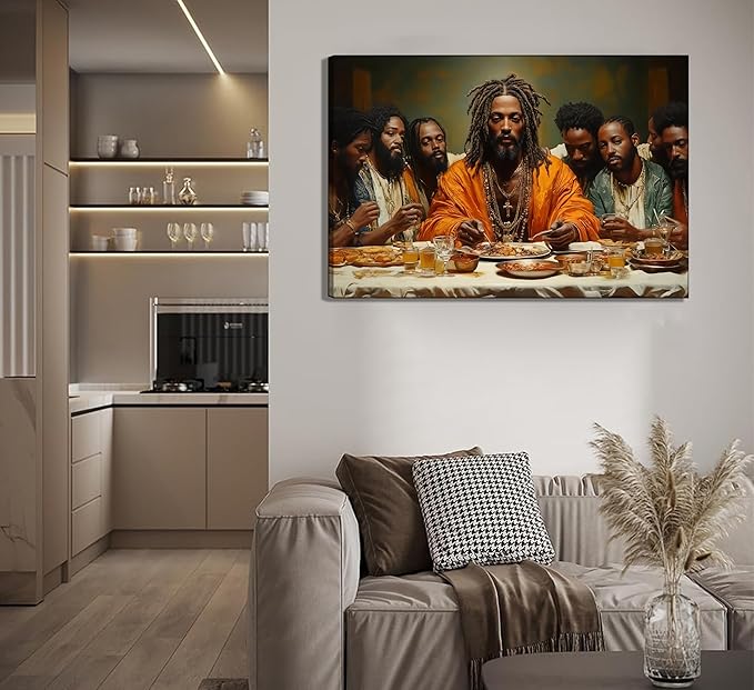 WWN Modern Black Jesus Canvas Wall Art African American The Last Supper Painting Picture Wall Decor Black Man Christian Poster Print Artwork for Kitchen Dining Room Living Room Bedroom Home Decoration