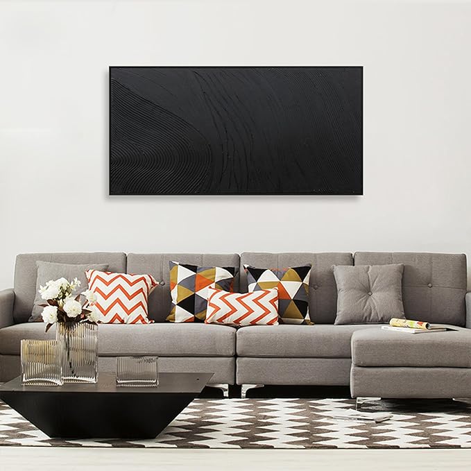 Black Wall Art Framed Abstract Canvas Pictures For Hand Painted Line Texture Wall Decor Modern Abstract Canvas Painting Artwork For Living Room Bedroom Home Office Wall Decorations Ready To Hang 20" X 40"