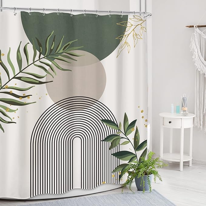 Boho Green Shower Curtain, Sage Bohemian Mid Century Modern 60Wx72H Bathroom Curtain, Abstract Gold Leaves Plant Olive Grey Minimalist Bathroom Decor Bath Curtain Polyester 12 Pack Hooks