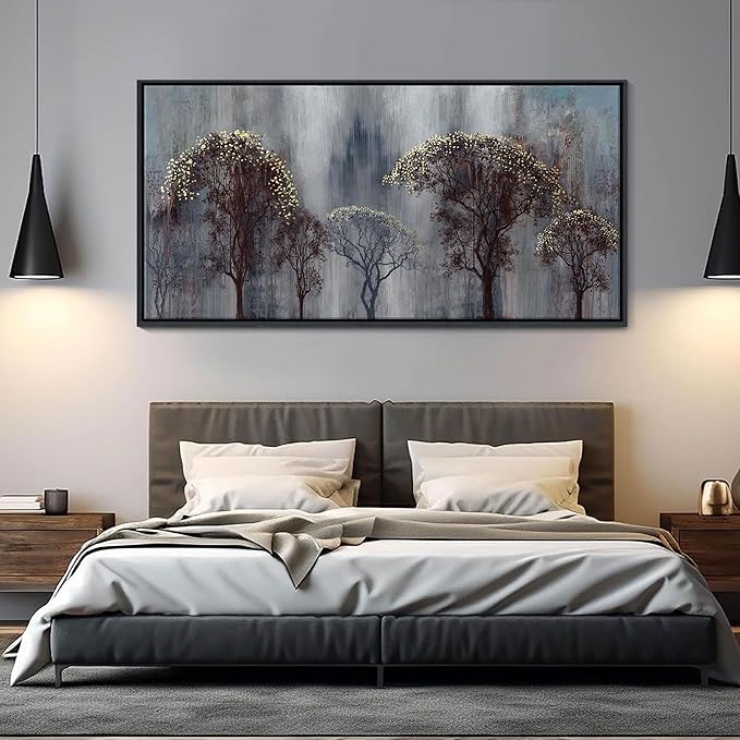 KLAKLA Living Room Wall Art - Black and White Wall Decor Large Picture Landscape Black and Gold Tree Artwork for Walls Frame Canvas Bedroom Office Home Decor 58x29 Inches