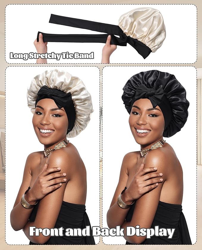 Satin Bonnet Silk Bonnet for Sleeping Silk Sleep Cap Double Layer Hair Bonnet with Elastic Tie Band for Curly Hair Night Cap (Black + Champagne)