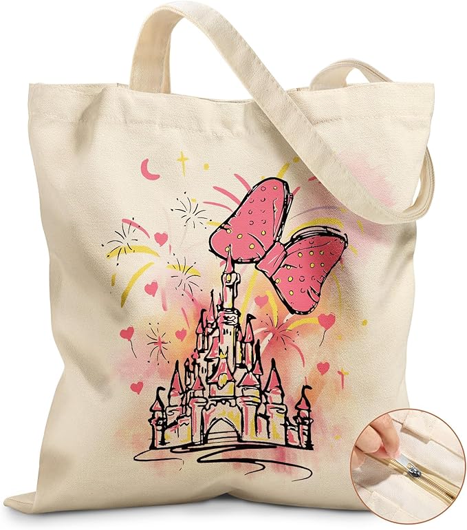 Canvas Tote Bag for Women – Aesthetic Canvas Bag with Zipper Cute Stylish Reusable Shoulder Totes for Shopping Work Daily Vacation, Bow Castle