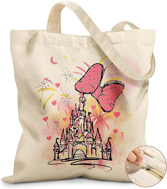 Canvas Tote Bag for Women – Aesthetic Canvas Bag with Zipper Cute Stylish Reusable Shoulder Totes for Shopping Work Daily Vacation, Bow Castle