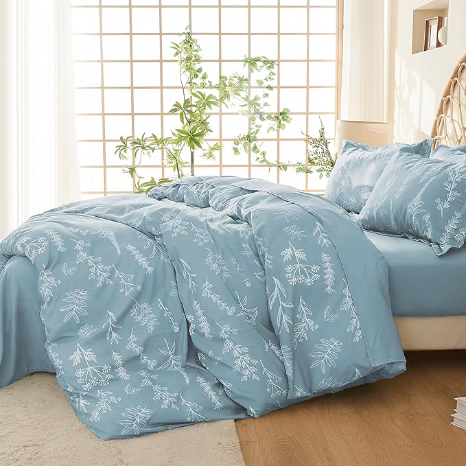 MUXHOMO Duvet Cover Queen Size, Reversible Floral Mineral Blue Duvet Cover Set with Zipper Closure, 3 Pieces Botanical Patterns Soft Microfiber Bedding Set with 4 Ties (90"x90", 2 Pillow Cases)