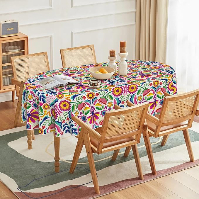 Horaldaily Mexico Tablecloth 60x84 Inch Oval, Halloween Cinco De Mayo Fiesta White Washable Seasonal Table Cover for Party Picnic Dinner Decor